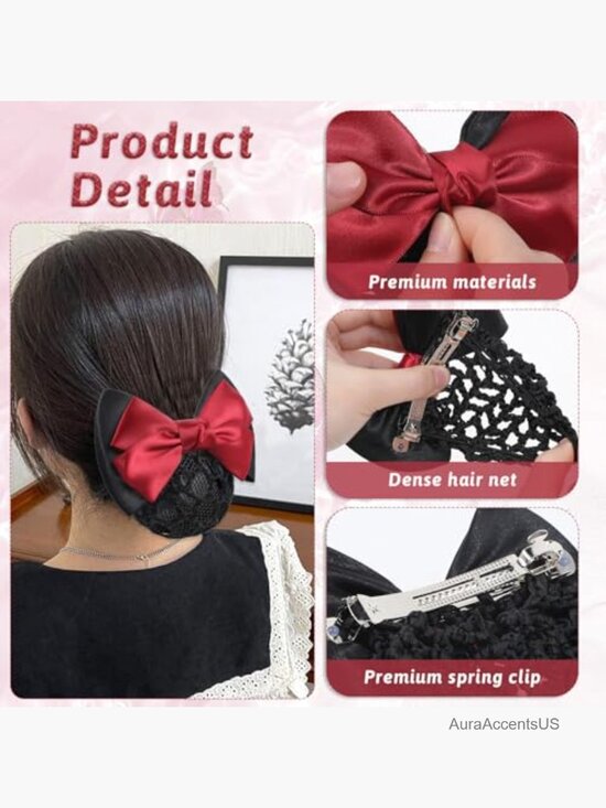 9 Pcs Bow Hair Snood Net Set with Satin Bows and Hairpins main image 4
